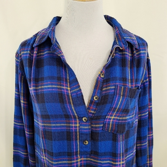 Anthropologie Isadora blue plaid button down shirt button back size small - Picture 4 of 7